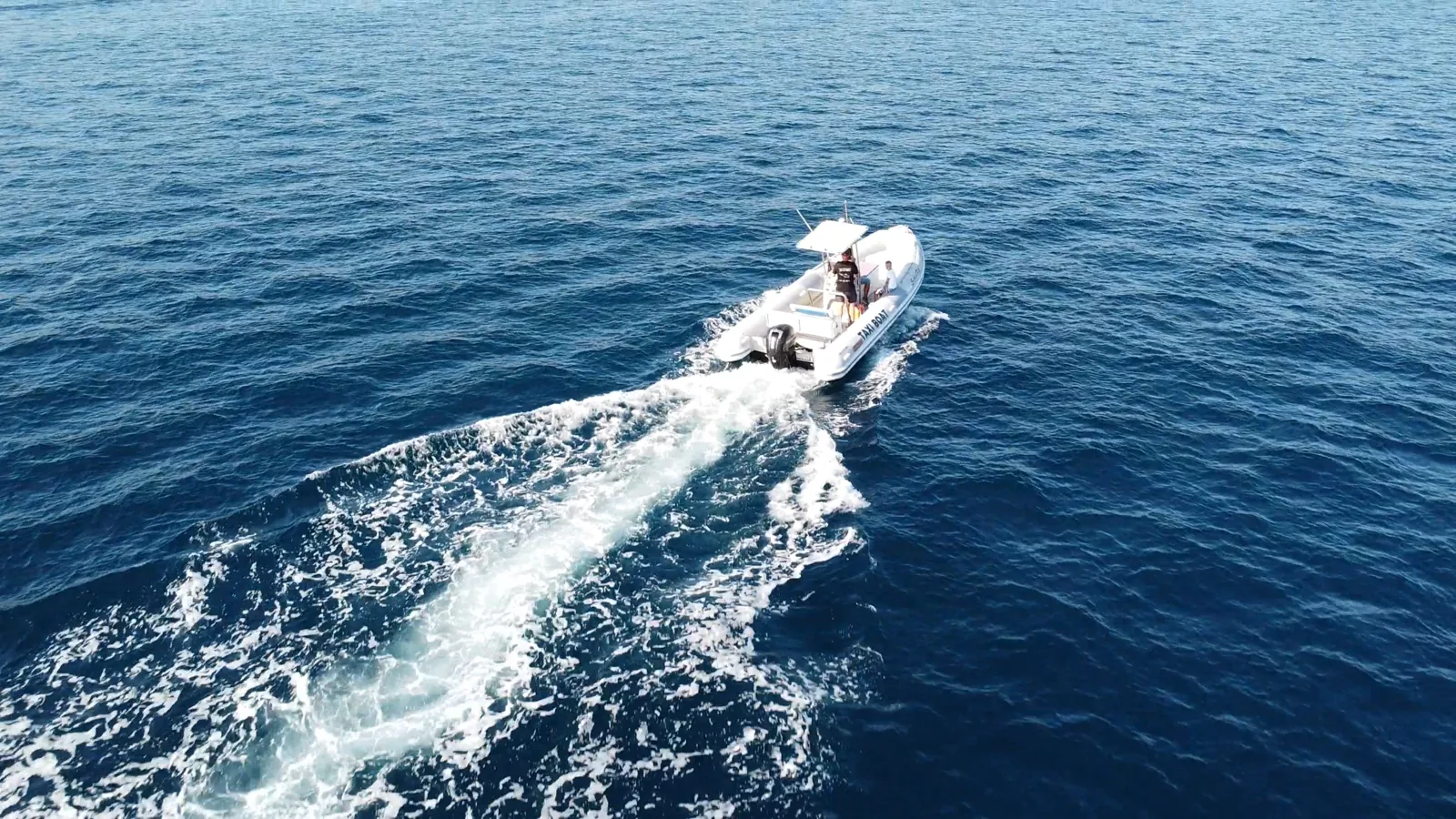 A Taxi Shark boat under way on the open Adriatic, seen from above